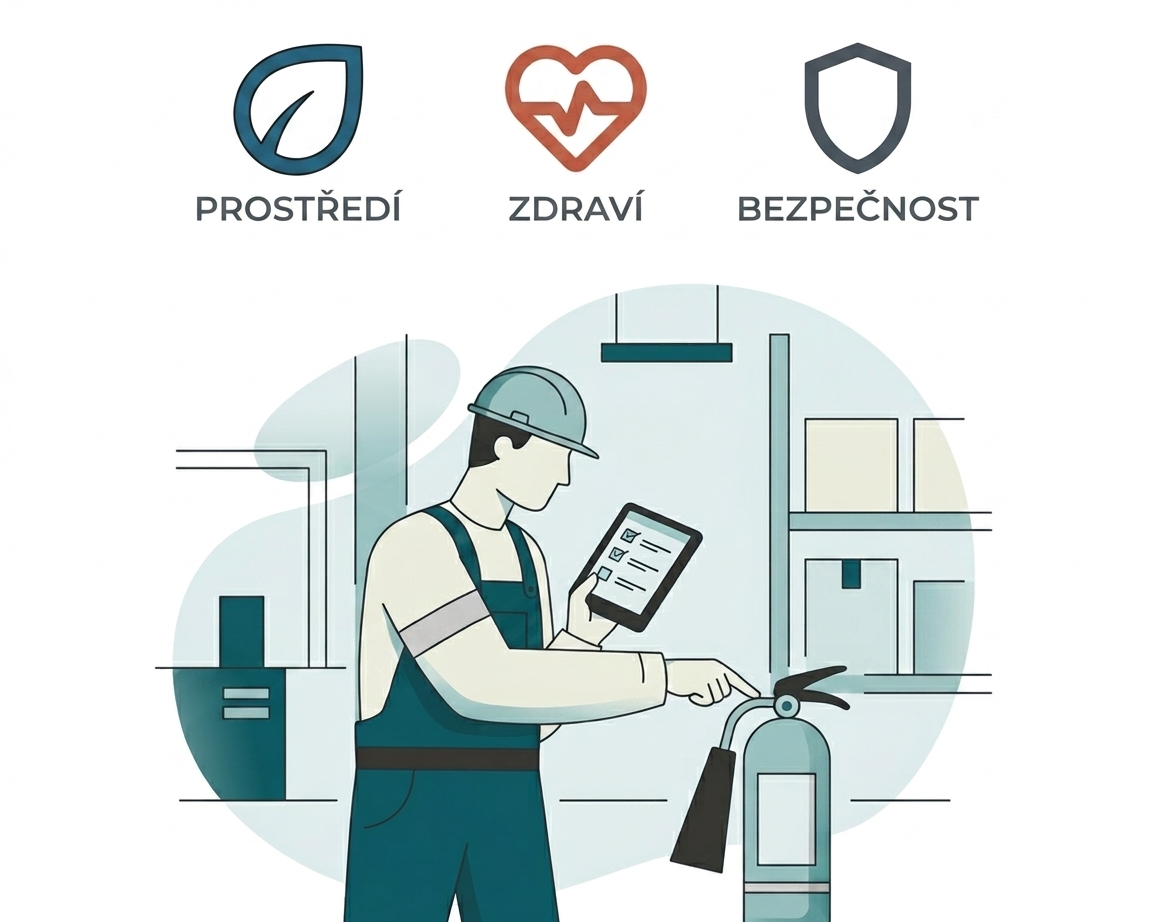 EHSTICHY – Prostředí, Zdraví, Bezpečnost: ilustrace kontroly bezpečnostního vybavení na pracovišti